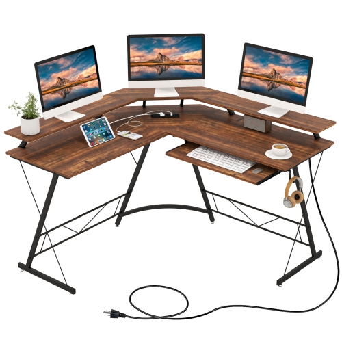 Costway L-shaped Computer Desk with Power Outlet 51" Corner Computer Workstation