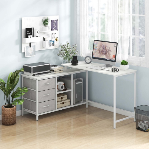 Costway L-shaped Computer Desk with Power Outlet, Drawers, Metal Mesh Shelves
