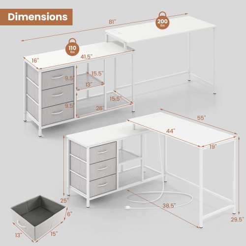 Costway L-shaped Computer Desk with Power Outlet, Drawers, Metal Mesh Shelves