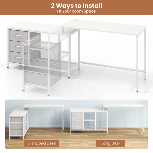 Costway L-shaped Computer Desk with Power Outlet, Drawers, Metal Mesh Shelves