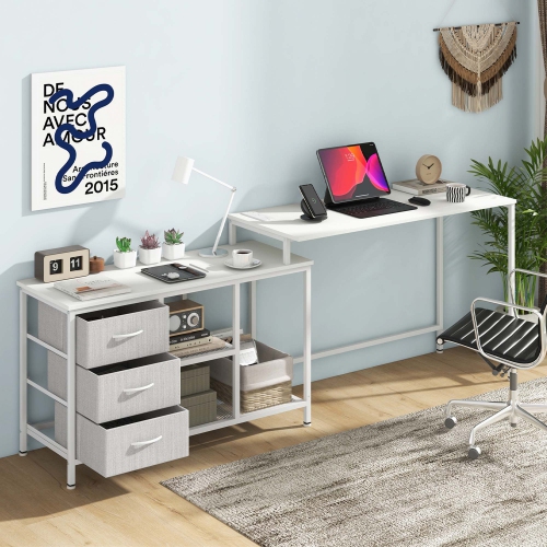 Costway L-shaped Computer Desk with Power Outlet, Drawers, Metal Mesh Shelves