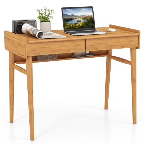 Costway Bamboo Writing Desk 39.5" Computer Study Desk with 2 Storage Drawers & Open Shelf