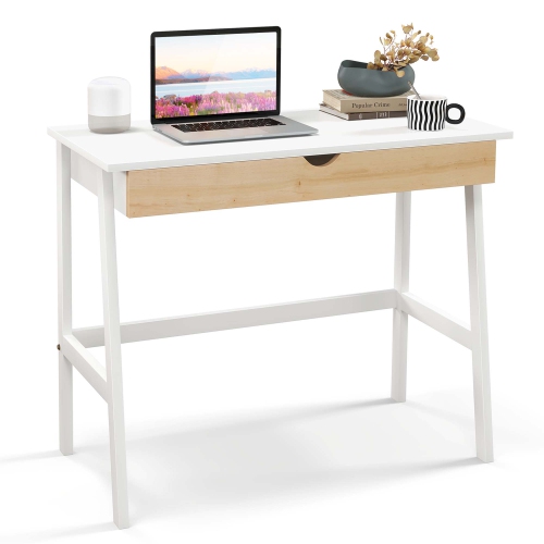 COSTWAY  Computer Desk Wooden Workstation Vanity Table W/ 1 Drawer & Rubber Wood Legs