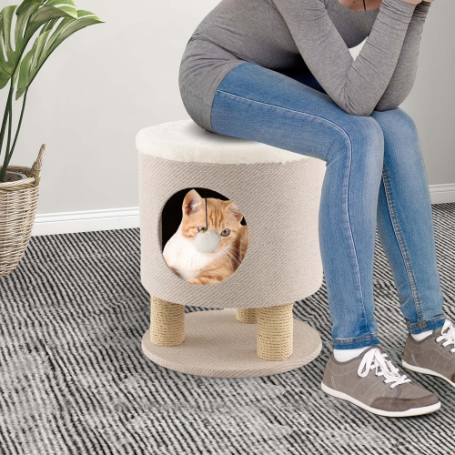 Costway 3-IN-1 Cat Condo Stool Kitty Bed with Scratching Posts & Plush Ball Toy