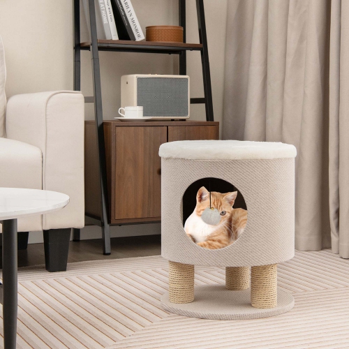 Costway 3-IN-1 Cat Condo Stool Kitty Bed with Scratching Posts & Plush Ball Toy