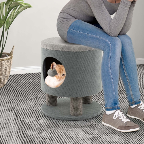 Costway 3-IN-1 Cat Condo Stool Kitty Bed with Scratching Posts & Plush Ball Toy