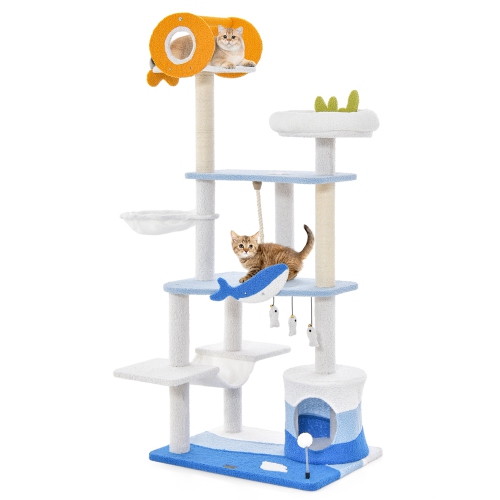 Petsite Ocean-themed Cat Tree Tower with Sisal Covered Scratching Posts Condo Perch Hammock