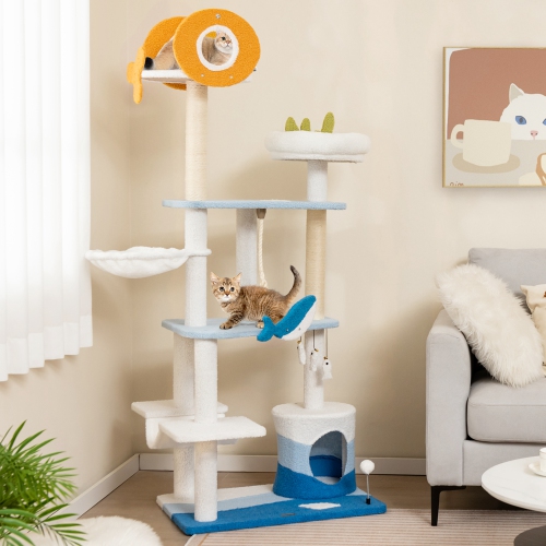 Petsite Ocean-themed Cat Tree Tower with Sisal Covered Scratching Posts Condo Perch Hammock