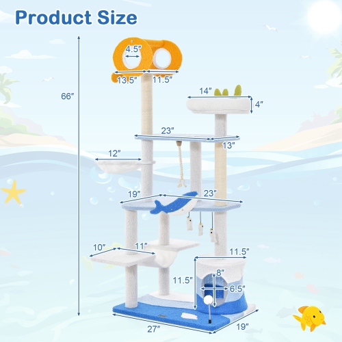 Petsite Ocean-themed Cat Tree Tower with Sisal Covered Scratching Posts Condo Perch Hammock