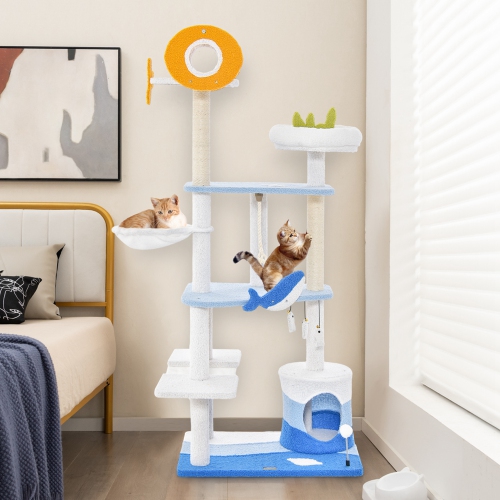 Petsite Ocean-themed Cat Tree Tower with Sisal Covered Scratching Posts Condo Perch Hammock