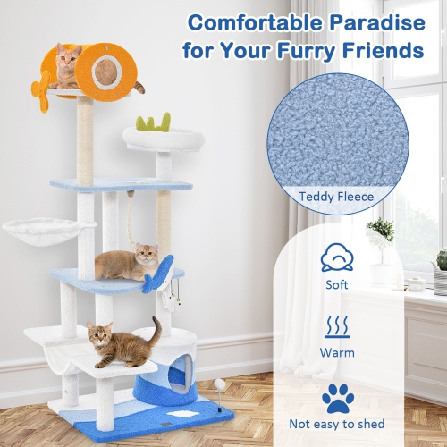 Petsite Ocean-themed Cat Tree Tower with Sisal Covered Scratching Posts Condo Perch Hammock