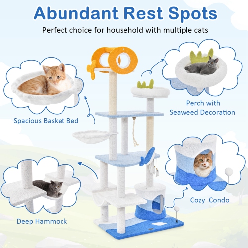 Petsite Ocean-themed Cat Tree Tower with Sisal Covered Scratching Posts Condo Perch Hammock