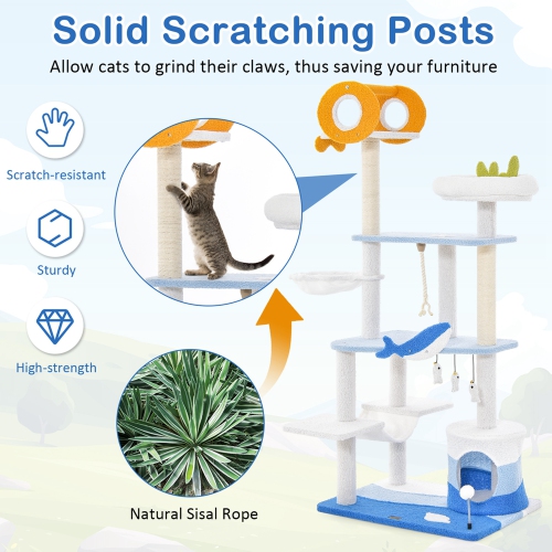 Petsite Ocean-themed Cat Tree Tower with Sisal Covered Scratching Posts Condo Perch Hammock