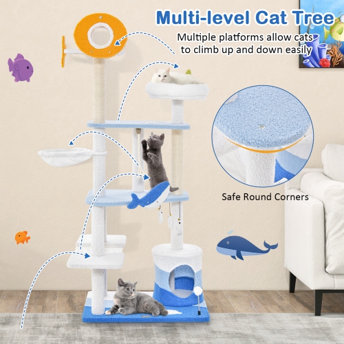 Petsite Ocean-themed Cat Tree Tower with Sisal Covered Scratching Posts Condo Perch Hammock