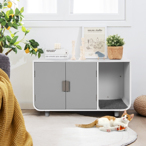 Costway Cat Litter Box Enclosure Furniture Hidden Cat Washroom with Rubber Wood Legs