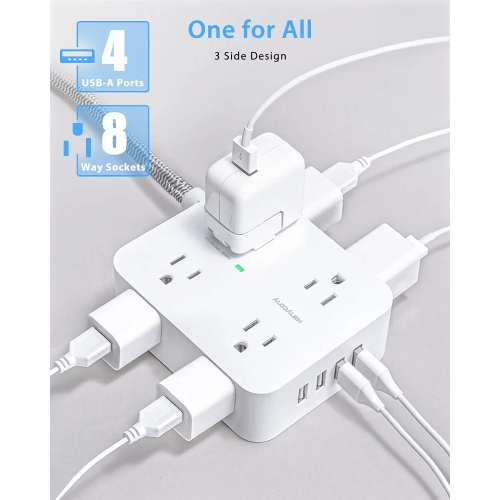Surge Protector Power Bar - 8 Outlets, 4 USB Ports, 3 Side Power Strip with 5Ft Extension Cord. Ideal for Home Office with Flat Plug and Wall Mount