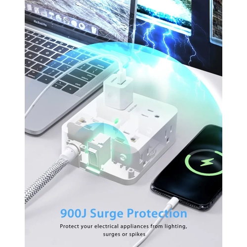 Surge Protector Power Bar - 8 Outlets, 4 USB Ports, 3 Side Power Strip with 5Ft Extension Cord. Ideal for Home Office with Flat Plug and Wall Mount