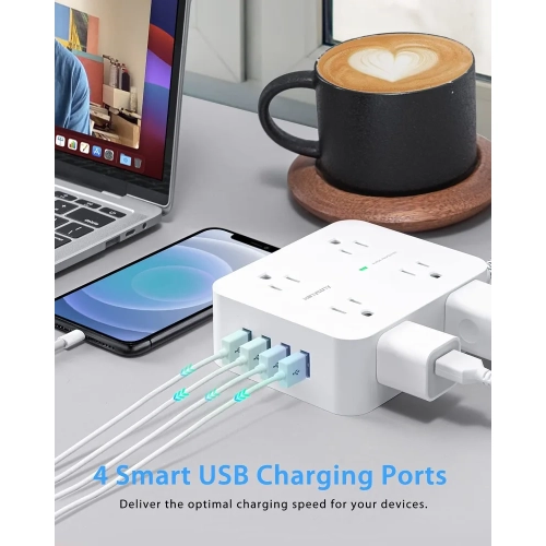 Surge Protector Power Bar - 8 Outlets, 4 USB Ports, 3 Side Power Strip with 5Ft Extension Cord. Ideal for Home Office with Flat Plug and Wall Mount