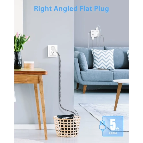 Surge Protector Power Bar - 8 Outlets, 4 USB Ports, 3 Side Power Strip with 5Ft Extension Cord. Ideal for Home Office with Flat Plug and Wall Mount