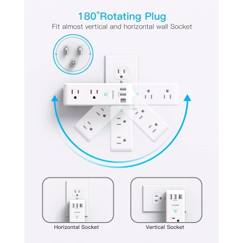 Surge Protector - 6 AC Outlets, 3 USB Ports, Rotating Plug, 1800 Joules, 3-Sided Swivel Power Bar Strip for Home, Office, Travel