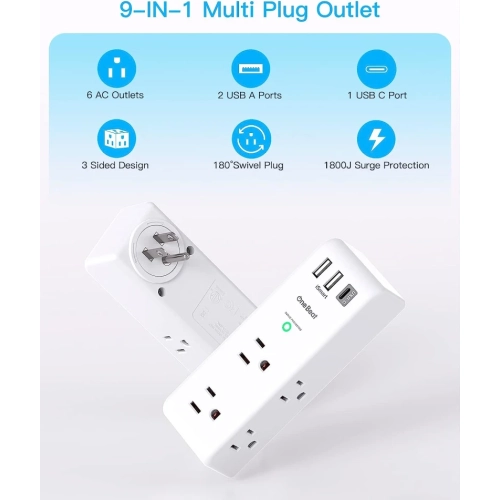 Surge Protector - 6 AC Outlets, 3 USB Ports, Rotating Plug, 1800 Joules, 3-Sided Swivel Power Bar Strip for Home, Office, Travel