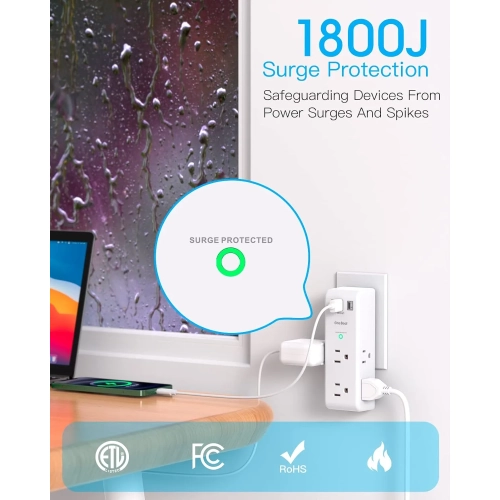 Surge Protector - 6 AC Outlets, 3 USB Ports, Rotating Plug, 1800 Joules, 3-Sided Swivel Power Bar Strip for Home, Office, Travel