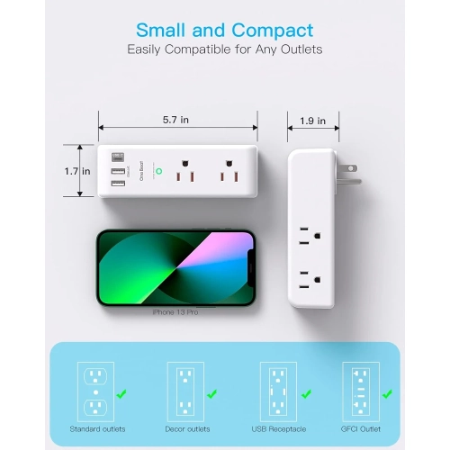 Surge Protector - 6 AC Outlets, 3 USB Ports, Rotating Plug, 1800 Joules, 3-Sided Swivel Power Bar Strip for Home, Office, Travel