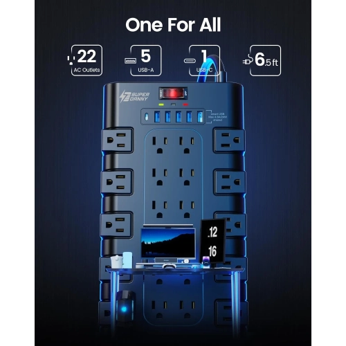 Surge Protector Power Bar - 22 Outlets, 6 USB Ports, Mountable Flat Plug Strip, 2100 Joules, 6.5Ft Cord - Home, Office, Dorm