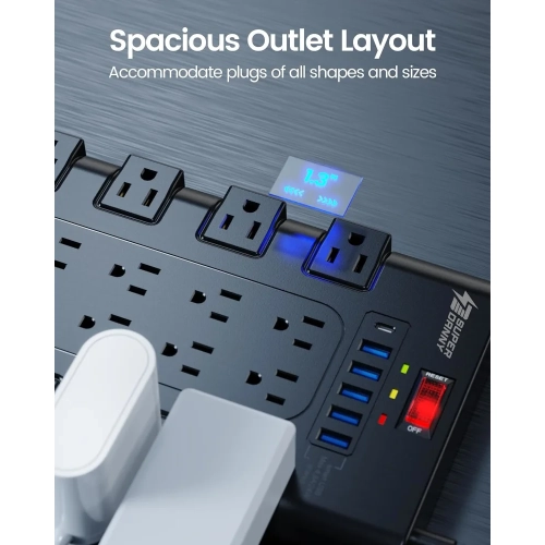 Surge Protector Power Bar - 22 Outlets, 6 USB Ports, Mountable Flat Plug Strip, 2100 Joules, 6.5Ft Cord - Home, Office, Dorm