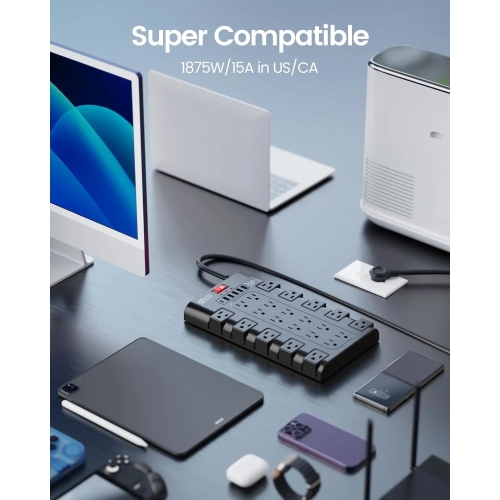 Surge Protector Power Bar - 22 Outlets, 6 USB Ports, Mountable Flat Plug Strip, 2100 Joules, 6.5Ft Cord - Home, Office, Dorm