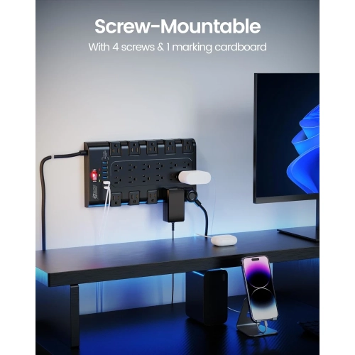 Surge Protector Power Bar - 22 Outlets, 6 USB Ports, Mountable Flat Plug Strip, 2100 Joules, 6.5Ft Cord - Home, Office, Dorm