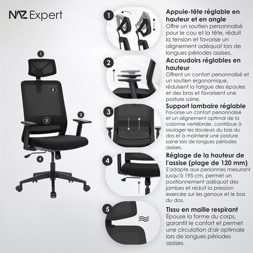 Fauteuil de bureau en filet ergonomique avec appuie-tête Expert de Naz - Noir