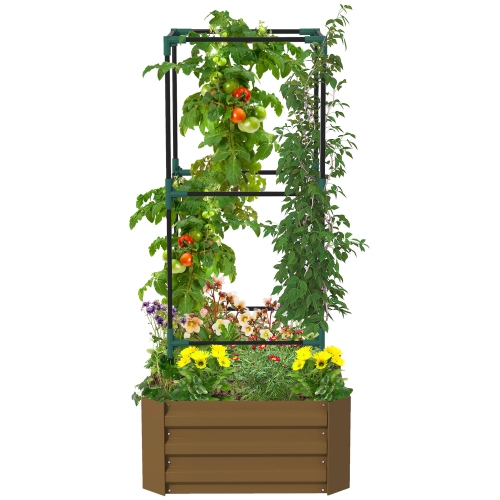 Image 1 de 9.. Outsunny Raised Garden Bed, 24" x 24" x 11.8" Outdoor Galvanized Planter Box with 3-Tier Trellis Tomato Cage and Open Bottom for Climbing Vines,