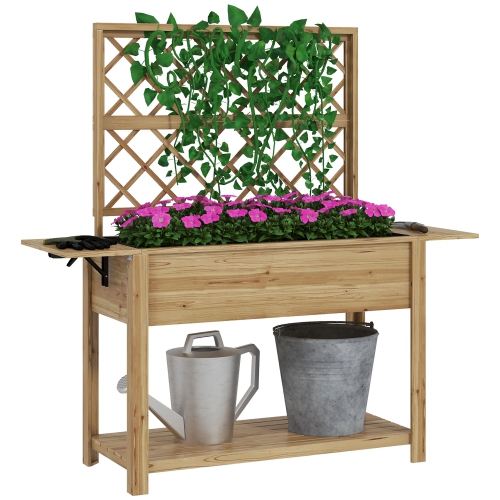 Outsunny Raised Garden Bed with Trellis for Climbing Plants, Elevated Wood Planter with Foldable Side Shelves for Vegetable, Flowers, 55.1" x 17.7" x