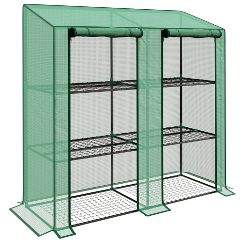 Outsunny Lean-to Mini Greenhouse with 3 Tier Shelves, PE Cover, Portable Green House with 2 Roll-up Doors, Garden Plant Grow Hot House for Indoor