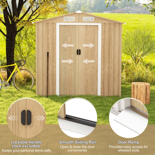 Costway 6 x 4 FT Outdoor Storage Shed Galvanized Steel Shed with Sliding Doors Wood Grain