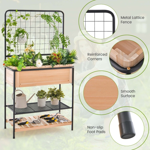 Costway 59" Raised Wooden Garden Bed with Metal Trellis Open Storage Shelves Drain Holes