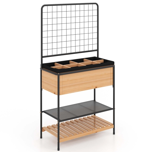 Costway 59" Raised Wooden Garden Bed with Metal Trellis Open Storage Shelves Drain Holes