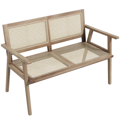 COSTWAY  Indonesia Teak Wood Garden Bench 2-Person Bench With Armrests Natural Rattan Backrest & Seat
