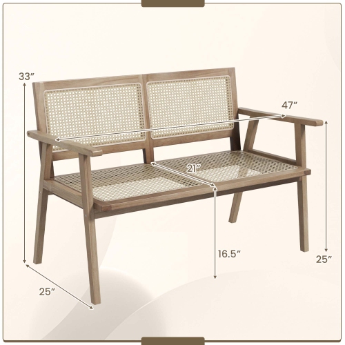 Costway Indonesia Teak Wood Garden Bench 2-Person Bench with Armrests Natural Rattan Backrest & Seat