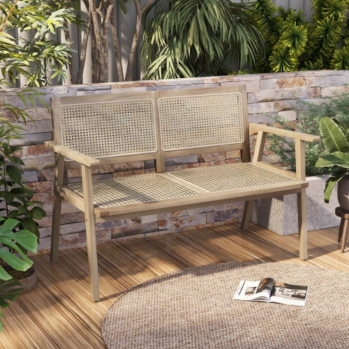 Costway Indonesia Teak Wood Garden Bench 2-Person Bench with Armrests Natural Rattan Backrest & Seat