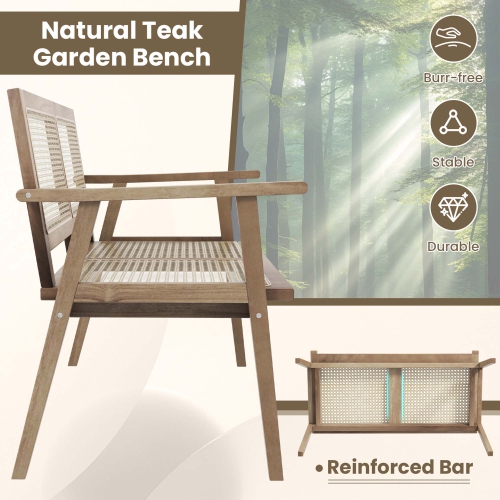 Costway Indonesia Teak Wood Garden Bench 2-Person Bench with Armrests Natural Rattan Backrest & Seat
