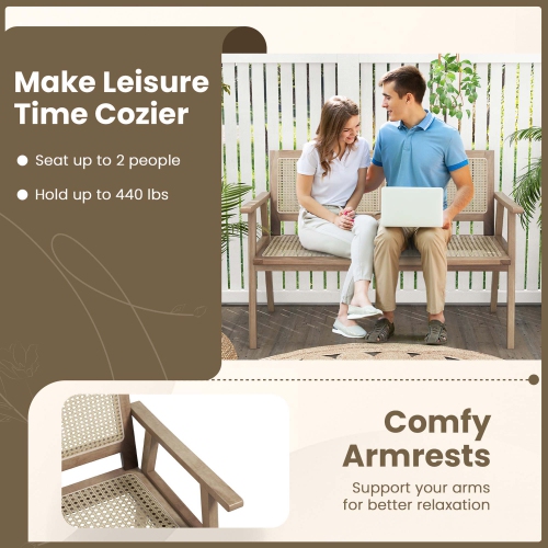 Costway Indonesia Teak Wood Garden Bench 2-Person Bench with Armrests Natural Rattan Backrest & Seat