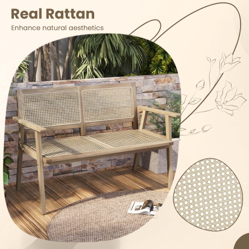 Costway Indonesia Teak Wood Garden Bench 2-Person Bench with Armrests Natural Rattan Backrest & Seat