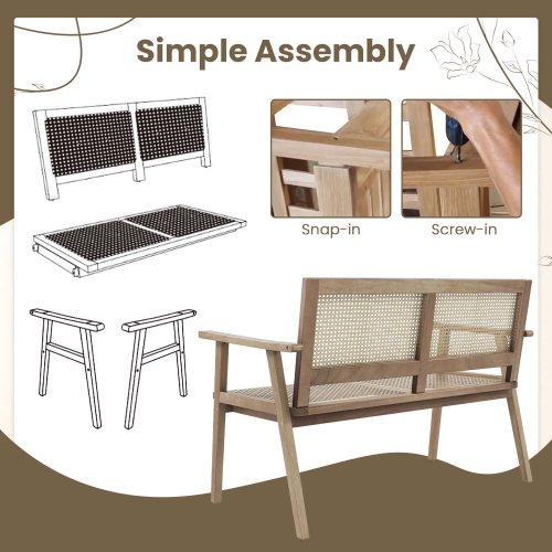 Costway Indonesia Teak Wood Garden Bench 2-Person Bench with Armrests Natural Rattan Backrest & Seat