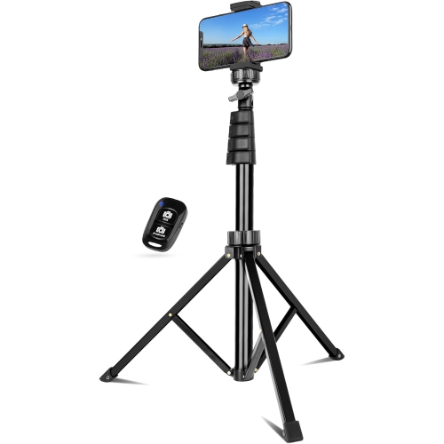 62" Extendable Tripod Stand, Selfie Stick Tripod with Bluetooth Remote for Cell Phones, Heavy Duty Aluminum, Lightweight