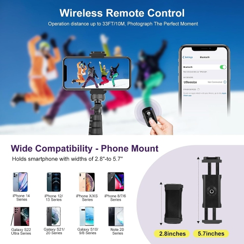 62" Extendable Tripod Stand, Selfie Stick Tripod with Bluetooth Remote for Cell Phones, Heavy Duty Aluminum, Lightweight