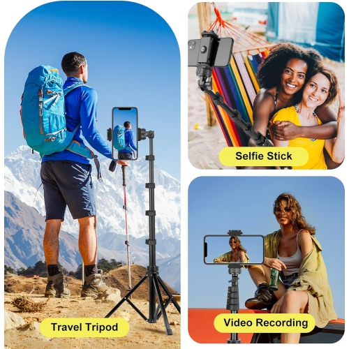 62" Extendable Tripod Stand, Selfie Stick Tripod with Bluetooth Remote for Cell Phones, Heavy Duty Aluminum, Lightweight