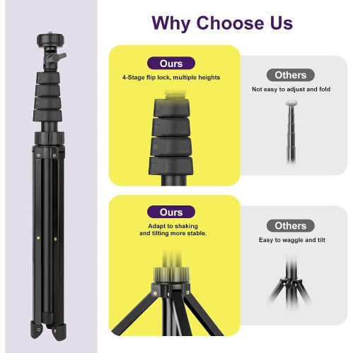 62" Extendable Tripod Stand, Selfie Stick Tripod with Bluetooth Remote for Cell Phones, Heavy Duty Aluminum, Lightweight