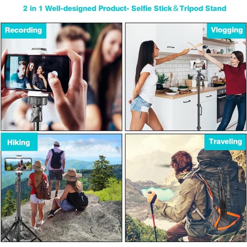 67'' Phone Tripod Stand & Selfie Stick Tripod, Cellphone Tripod with Wireless Remote and Phone Holder, Compatible with All Phones/Cameras